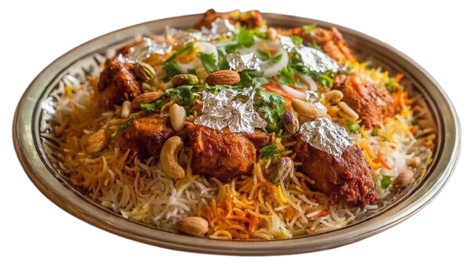 Chef Special Biryani with Nuts and Silver Topping